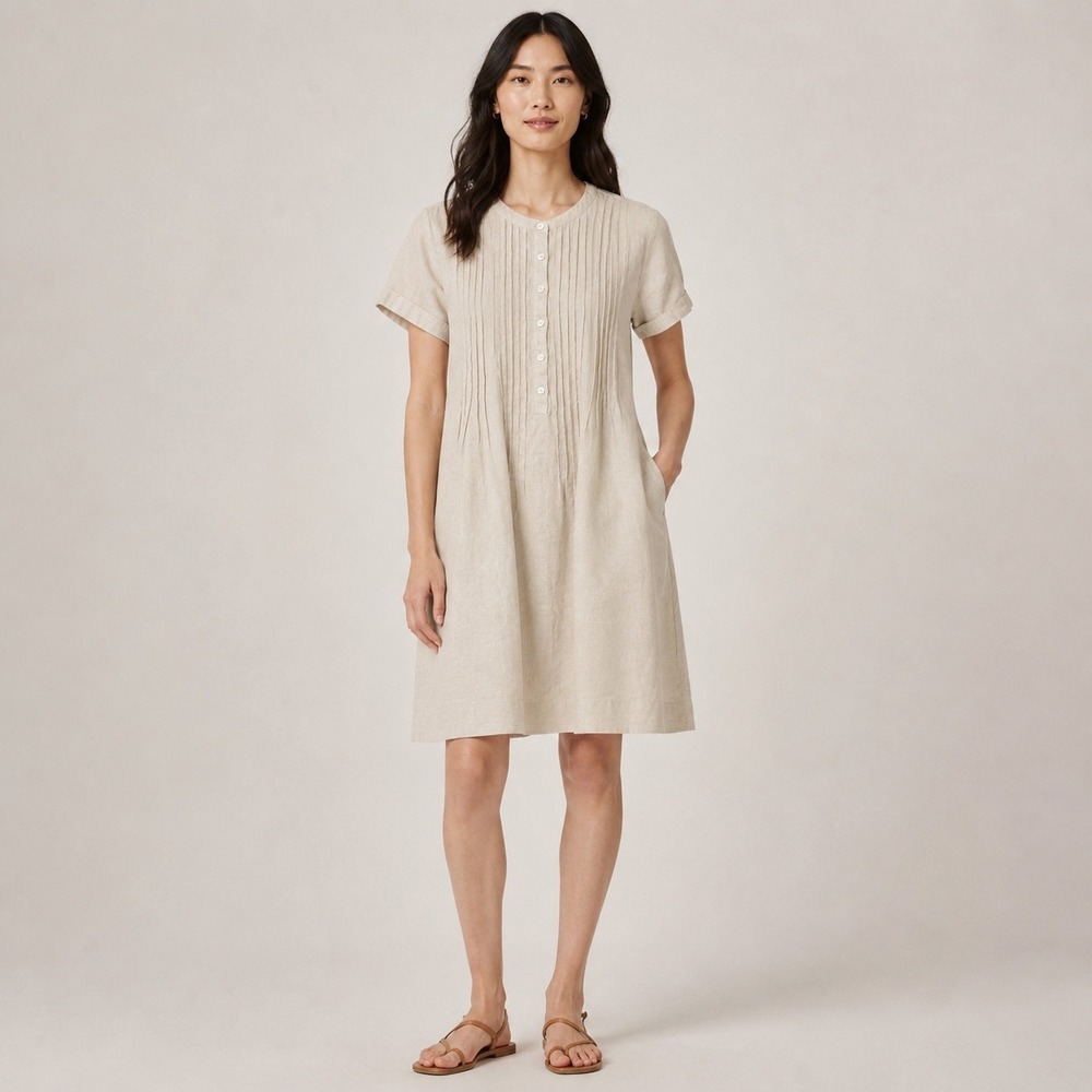 Quince Womens S Linen Pintuck Shift Dress Oat Beige Short Sleeve Pocket Beige
